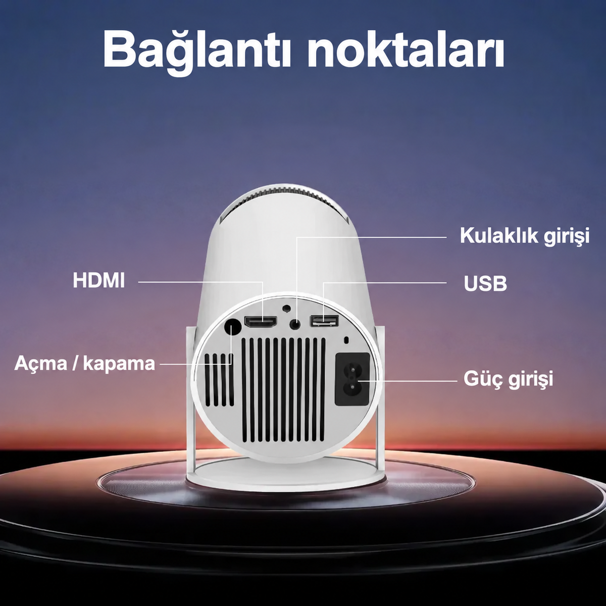Projektörün HDMI, USB, kulaklık ve güç bağlantıları