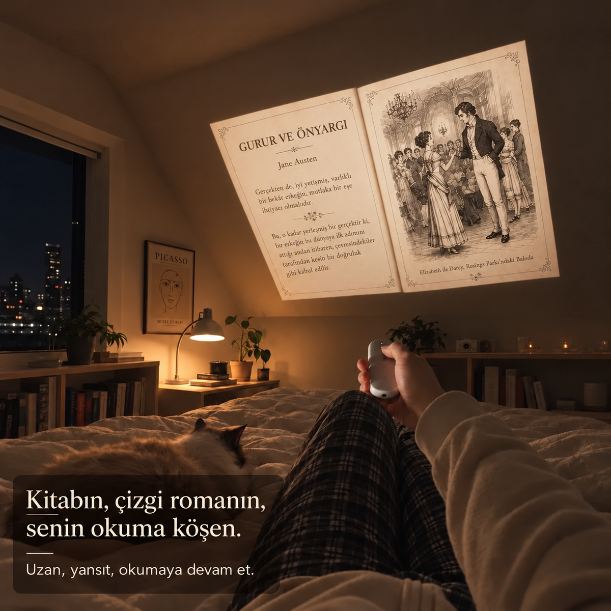 Yatakta uzanarak duvarda dijital kitap okuma deneyimi