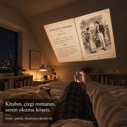 Yatakta uzanarak duvarda dijital kitap okuma deneyimi